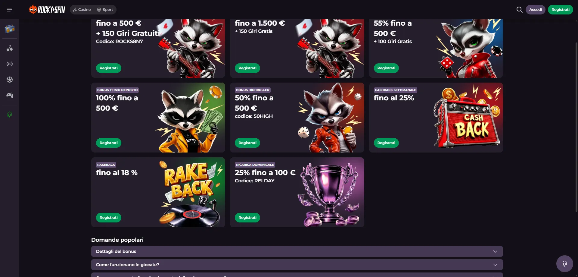 RockySpin Casino bonus di benvenuto con 250 giri gratis per nuovi giocatori