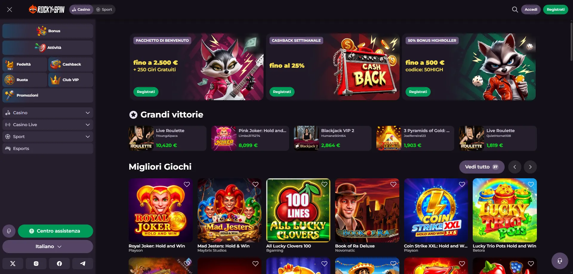 RockySpin Casino mobile app per Android e iOS gioco ovunque